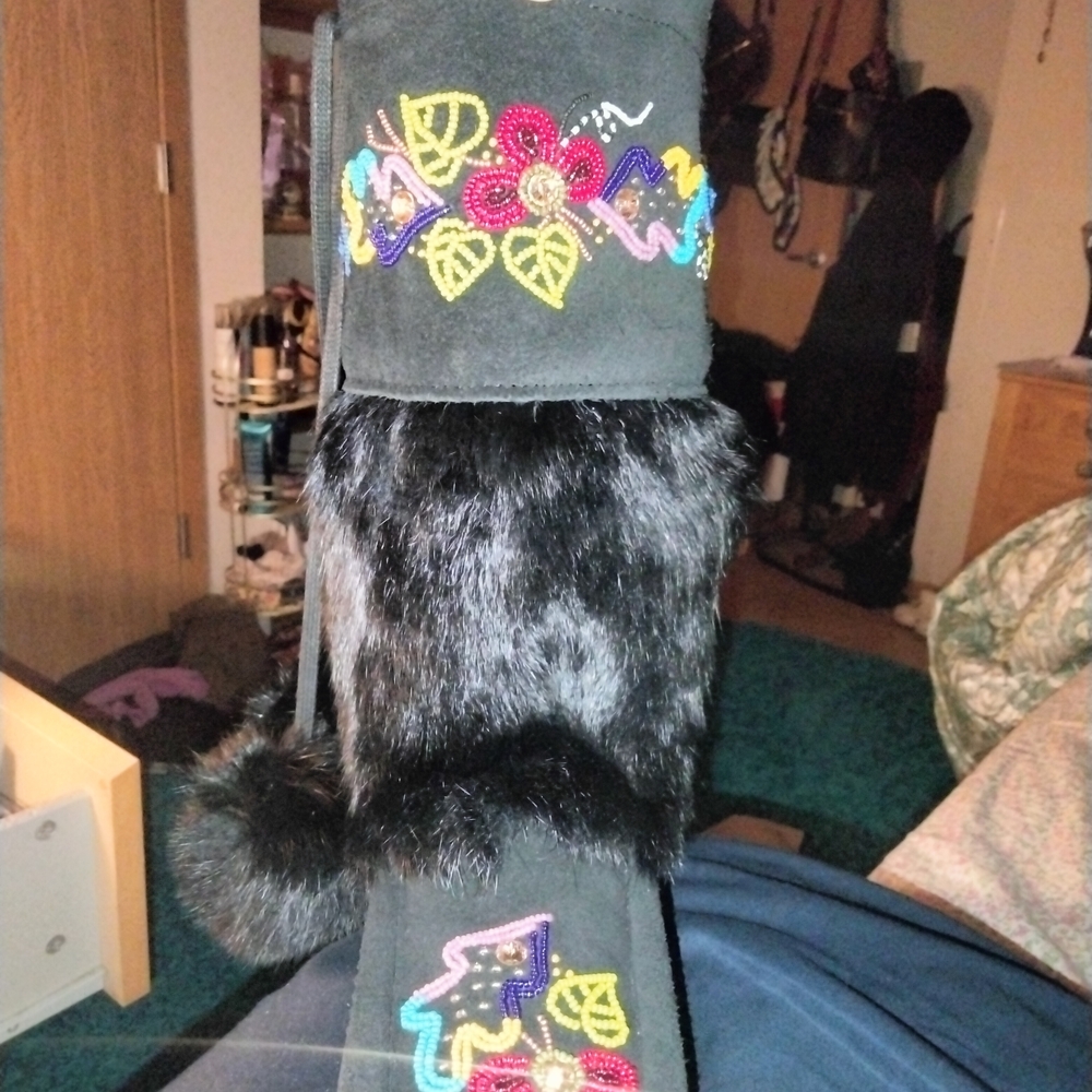 Women's Black Fur Winter Boots with Embroidery